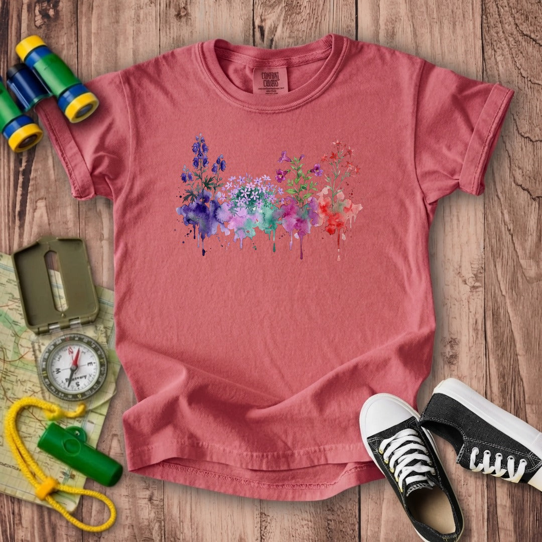 Watercolor Crater Lake Wildflowers Kids Cotton T-Shirt