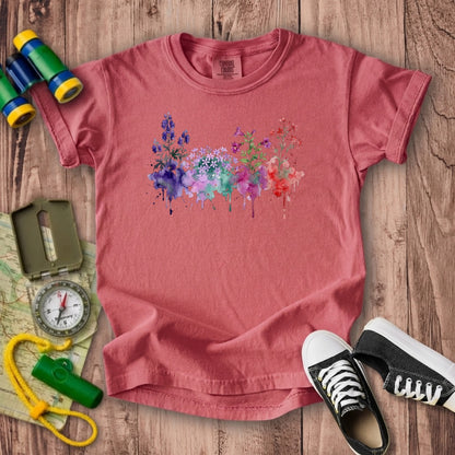 Watercolor Crater Lake Wildflowers Kids Cotton T-Shirt