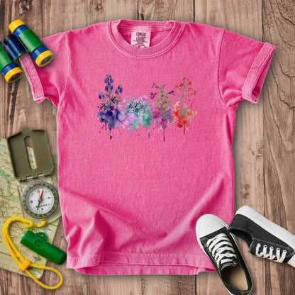 Watercolor Crater Lake Wildflowers Kids Cotton T-Shirt