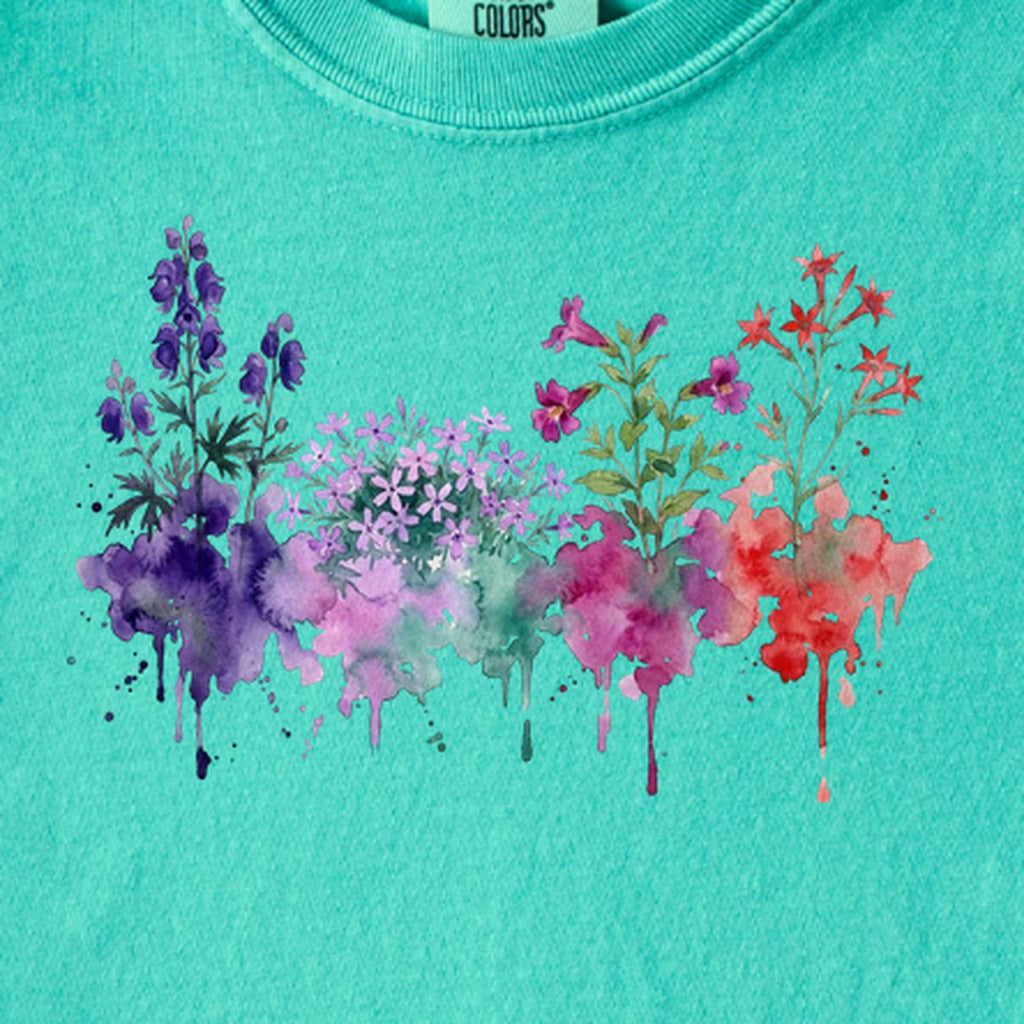 Watercolor Crater Lake Wildflowers Kids Cotton T-Shirt
