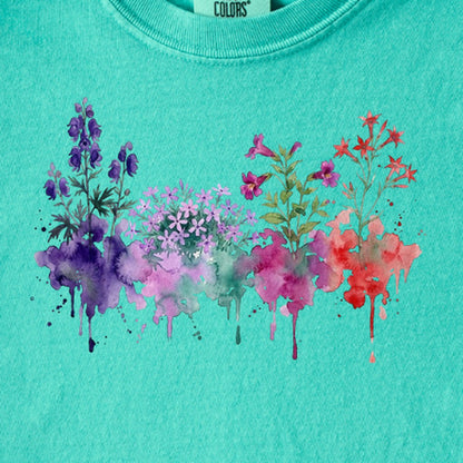 Watercolor Crater Lake Wildflowers Kids Cotton T-Shirt