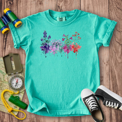 Watercolor Crater Lake Wildflowers Kids Cotton T-Shirt