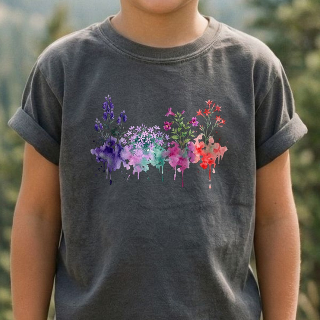 Watercolor Crater Lake Wildflowers Kids Cotton T-Shirt