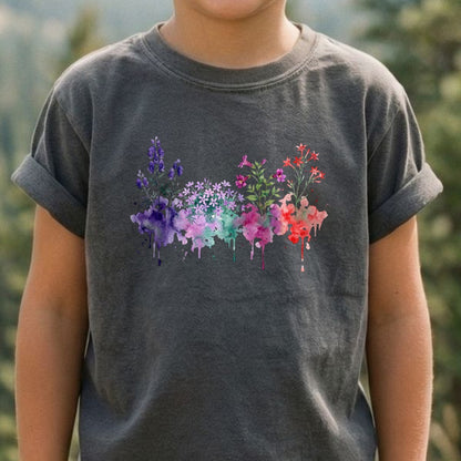Watercolor Crater Lake Wildflowers Kids Cotton T-Shirt