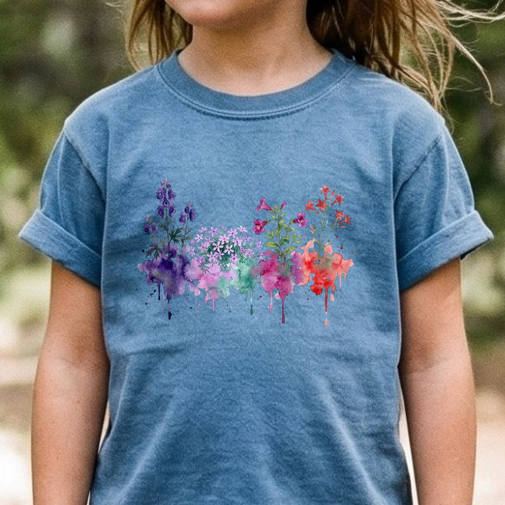 Watercolor Crater Lake Wildflowers Kids Cotton T-Shirt