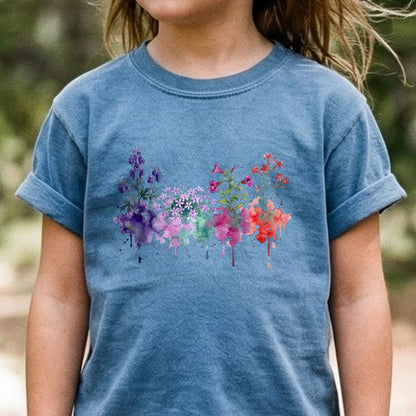 Watercolor Crater Lake Wildflowers Kids Cotton T-Shirt