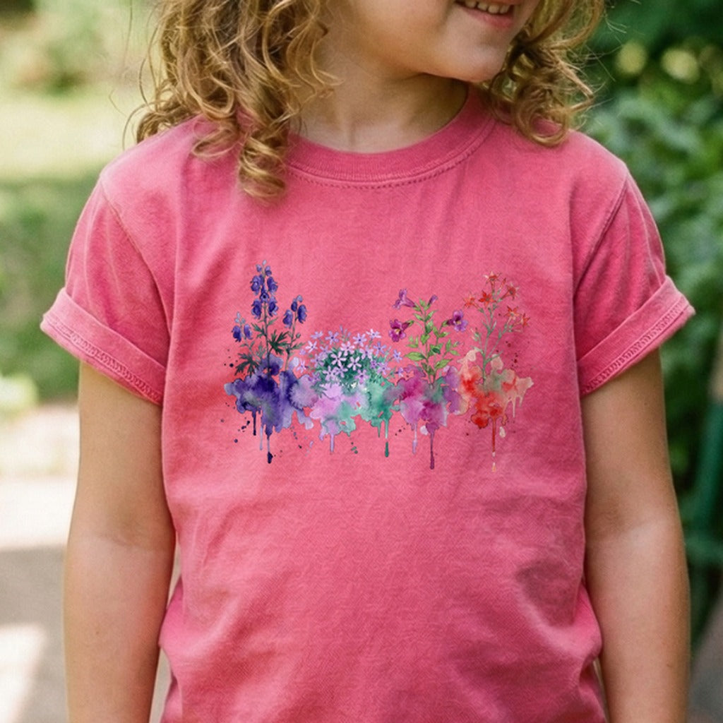 Watercolor Crater Lake Wildflowers Kids Cotton T-Shirt