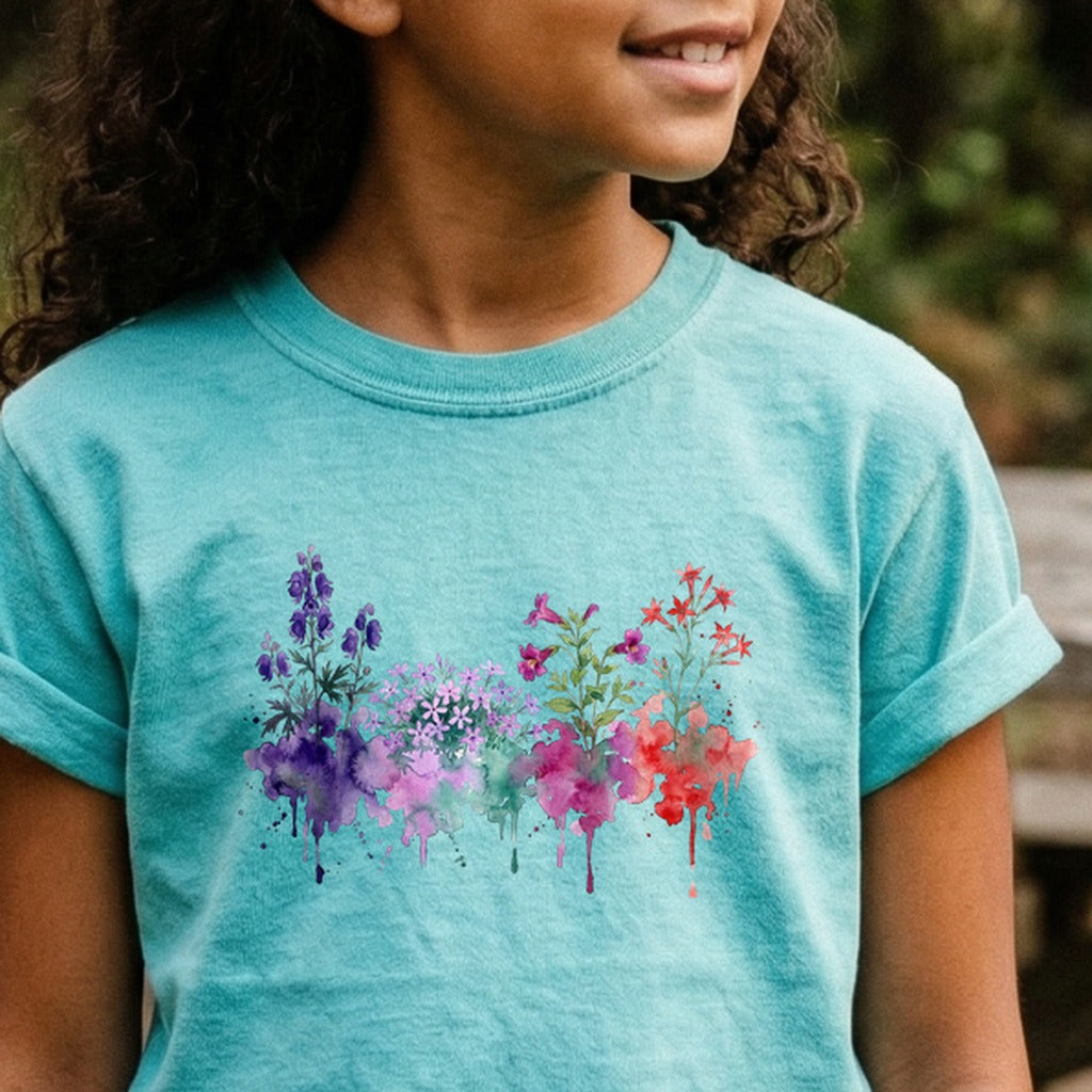 Watercolor Crater Lake Wildflowers Kids Cotton T-Shirt