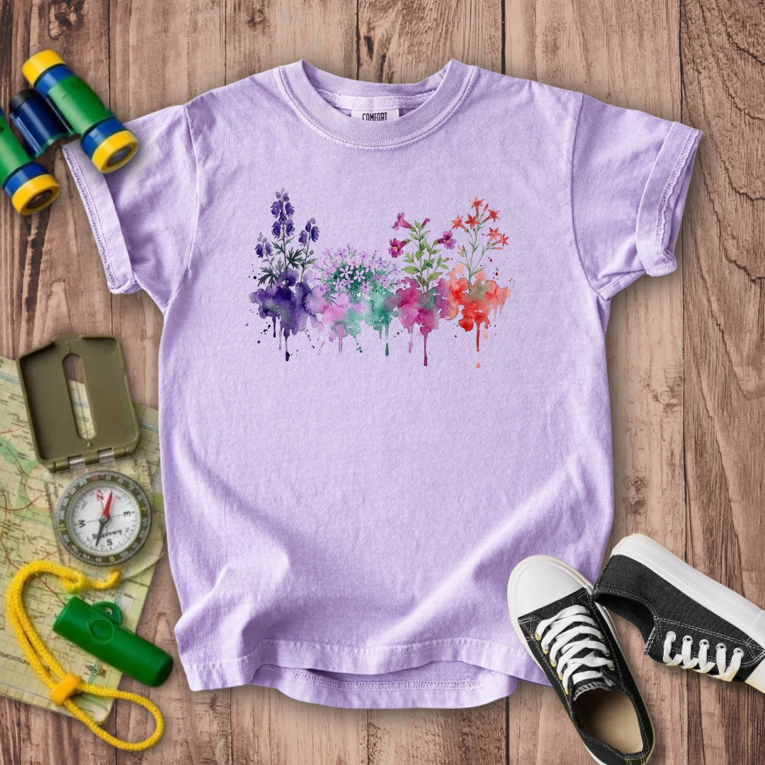 Watercolor Crater Lake Wildflowers Kids Cotton T-Shirt