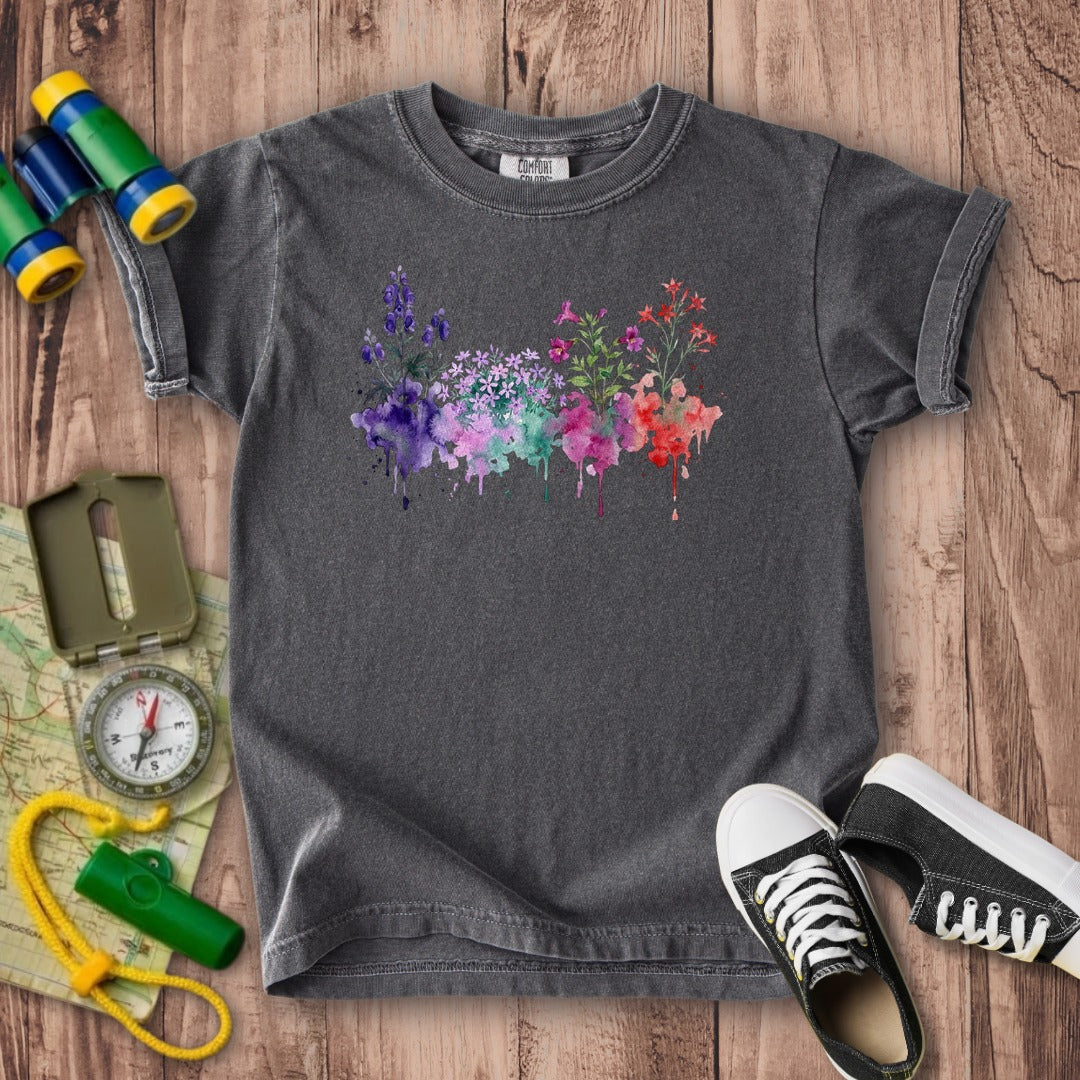 Watercolor Crater Lake Wildflowers Kids Cotton T-Shirt