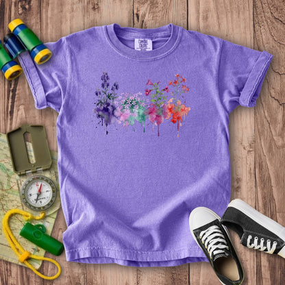 Watercolor Crater Lake Wildflowers Kids Cotton T-Shirt