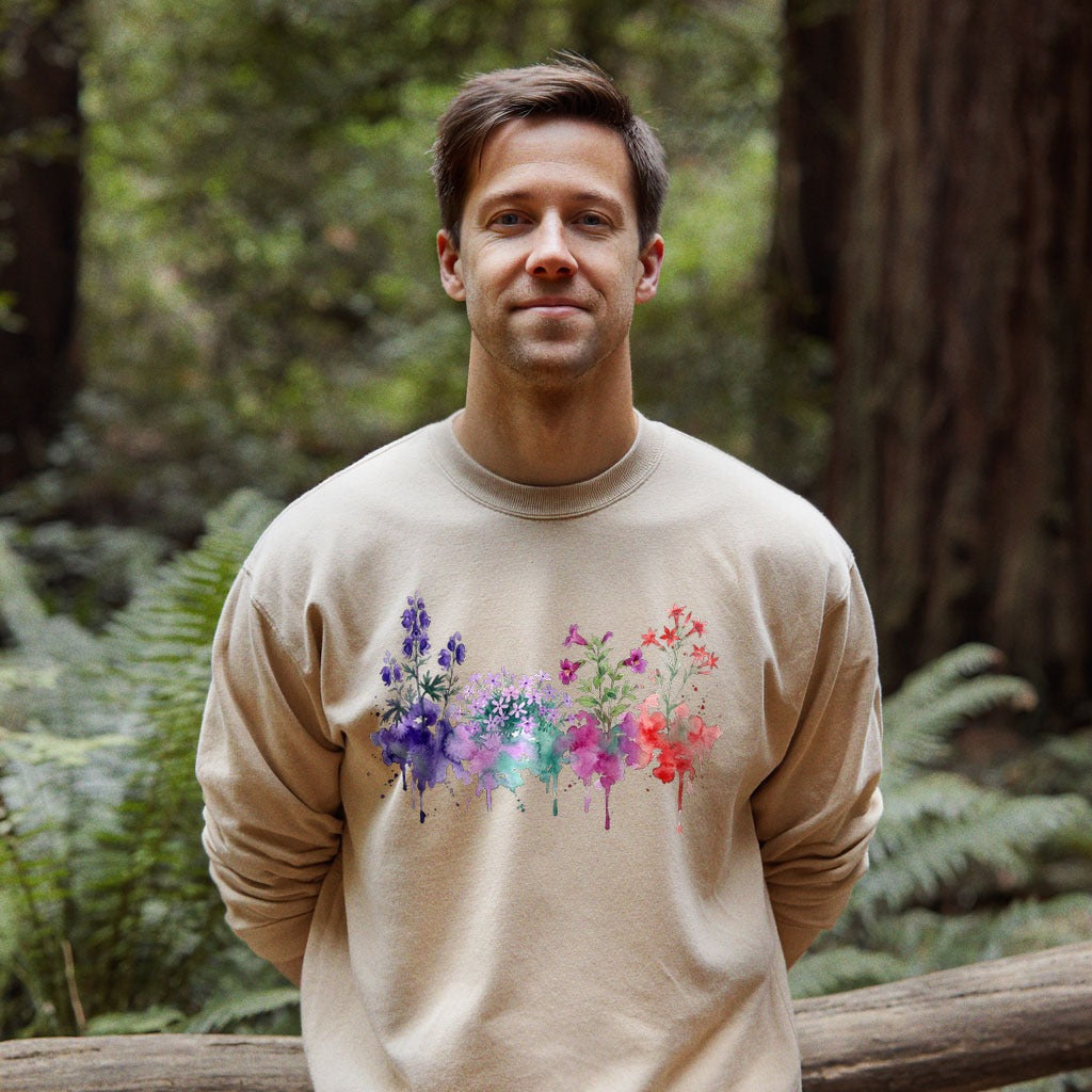 Watercolor Crater Lake Wildflowers Crewneck Sweatshirt