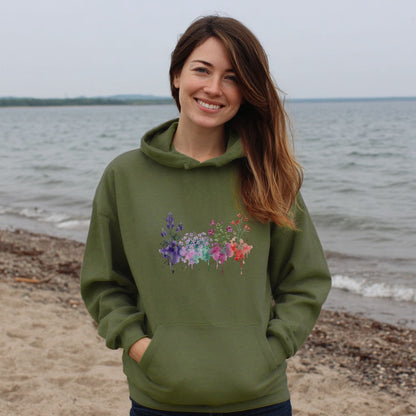 Watercolor Crater Lake Wildflowers Hoodie