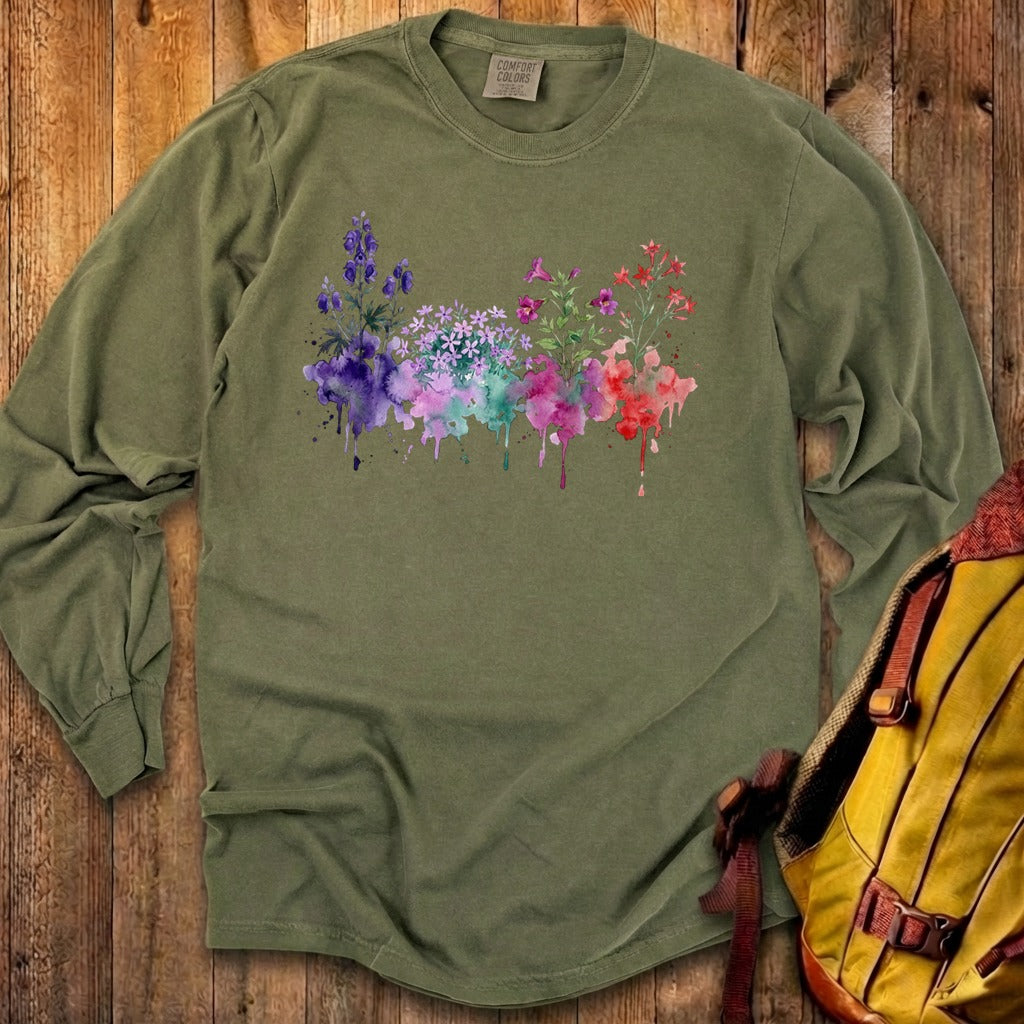 Watercolor Crater Lake Wildflowers Premium Long Sleeve