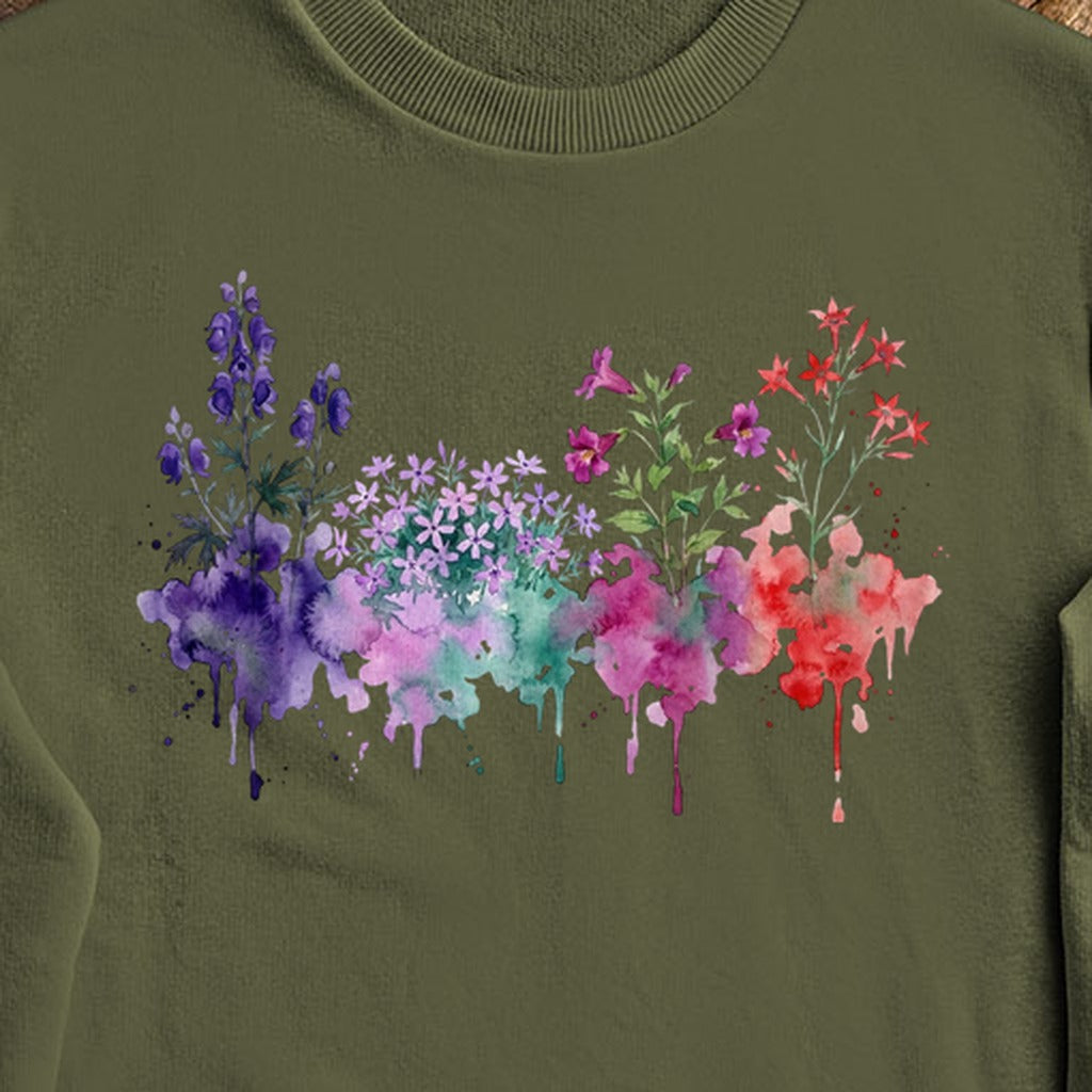 Watercolor Crater Lake Wildflowers Crewneck Sweatshirt