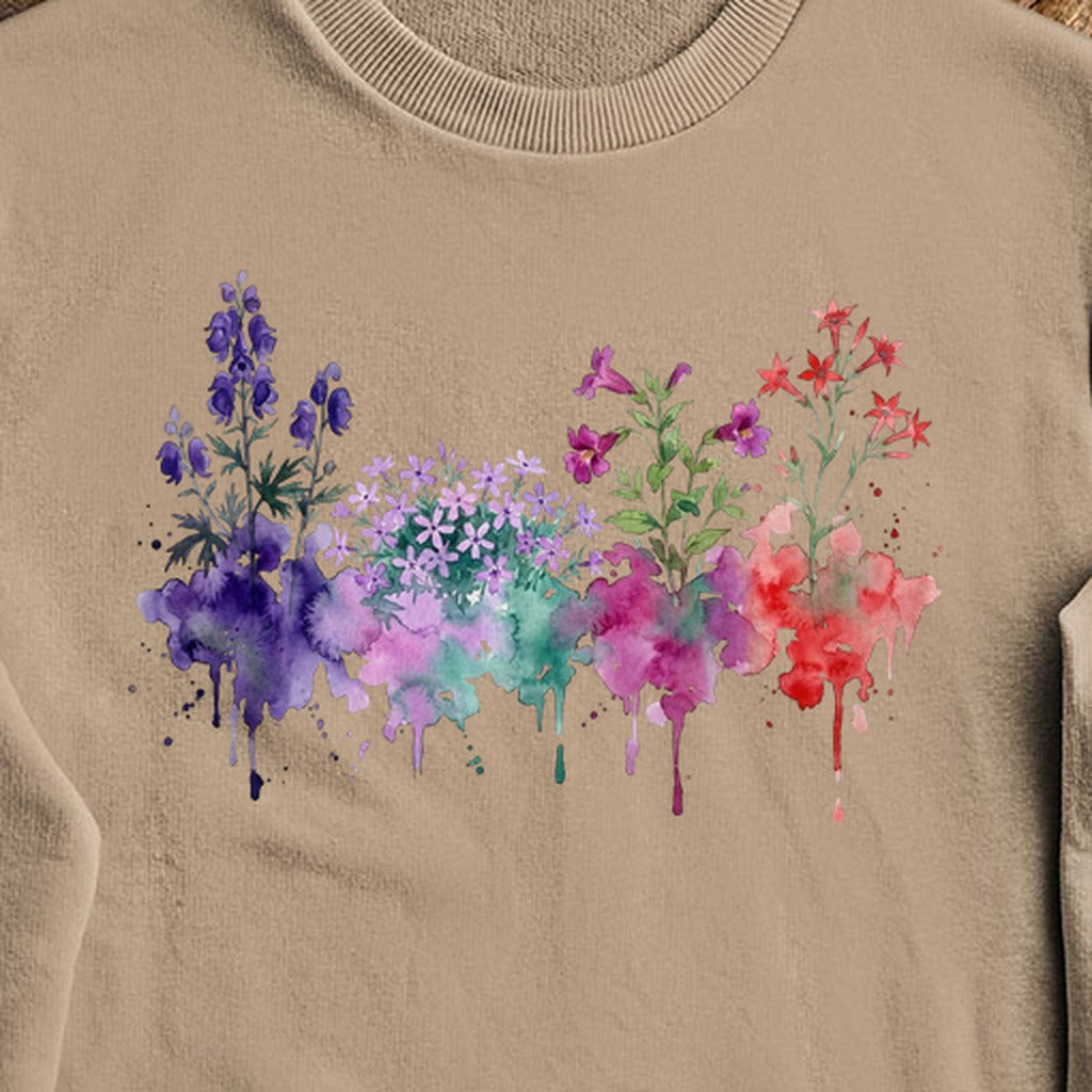Watercolor Crater Lake Wildflowers Crewneck Sweatshirt