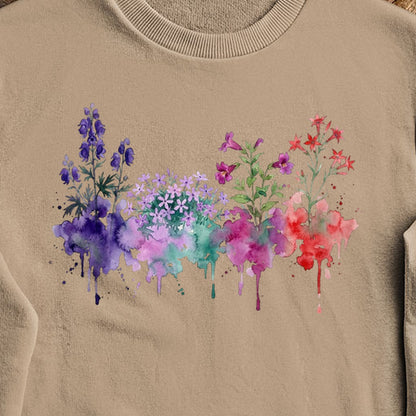 Watercolor Crater Lake Wildflowers Crewneck Sweatshirt