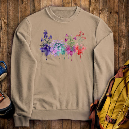 Watercolor Crater Lake Wildflowers Crewneck Sweatshirt