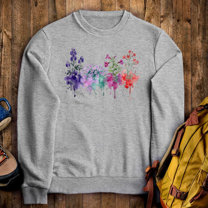 Watercolor Crater Lake Wildflowers Crewneck Sweatshirt