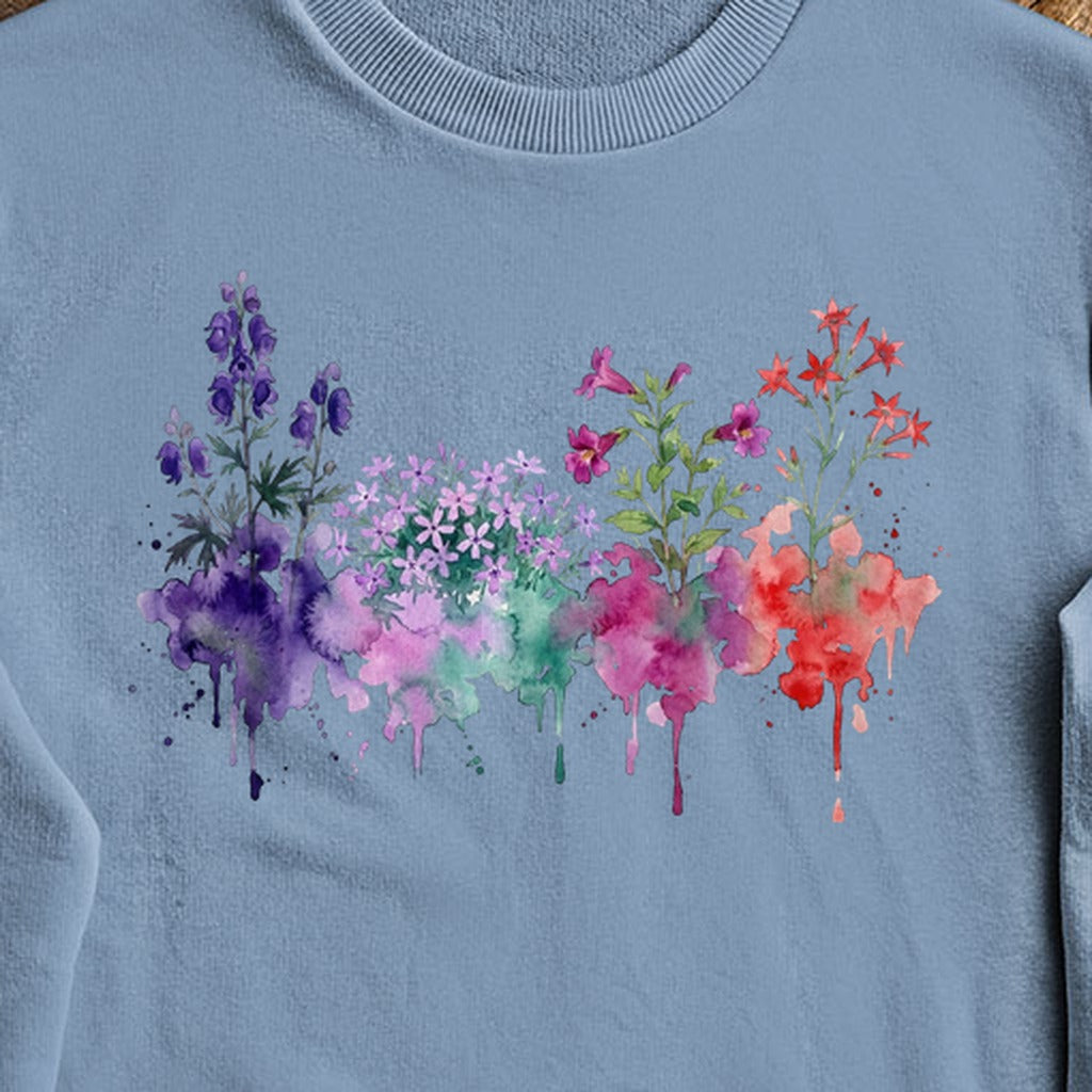 Watercolor Crater Lake Wildflowers Crewneck Sweatshirt