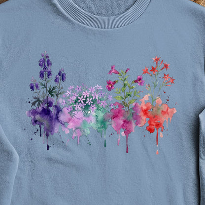 Watercolor Crater Lake Wildflowers Crewneck Sweatshirt