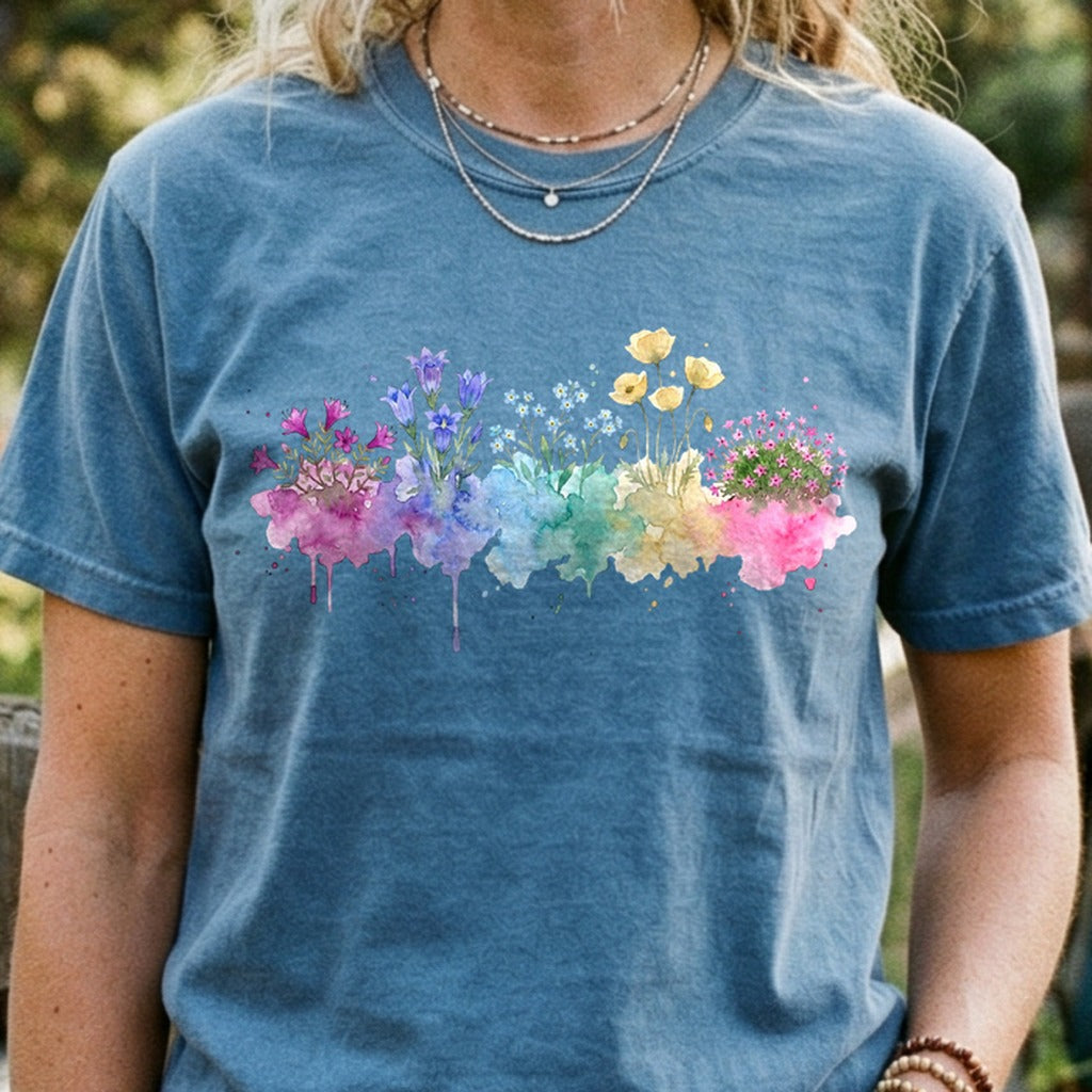 Watercolor Denali Wildflowers Cotton T-Shirt