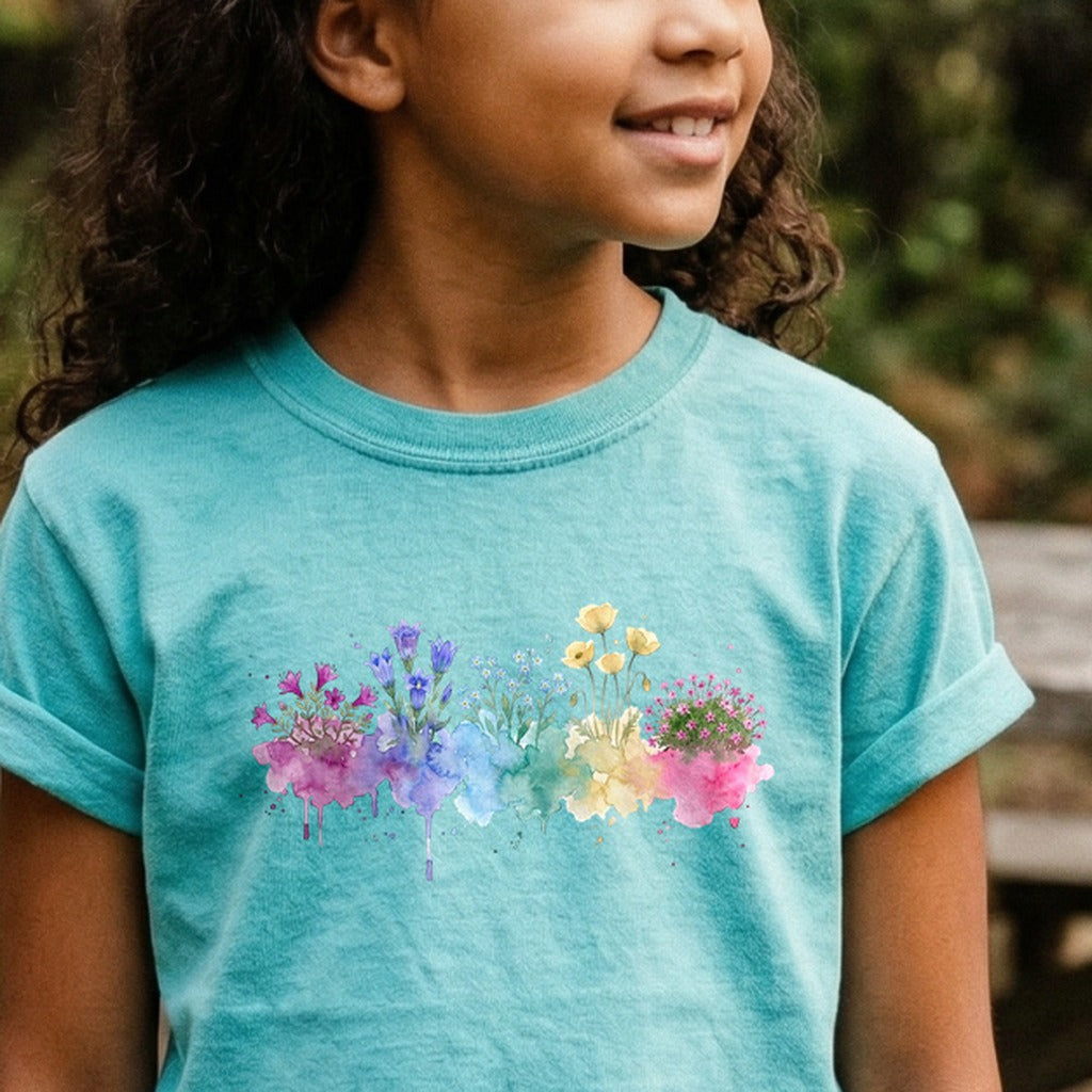 Watercolor Denali Wildflowers Kids Cotton T-Shirt