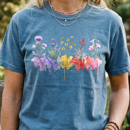 Watercolor Everglades Wildflowers Cotton T-Shirt