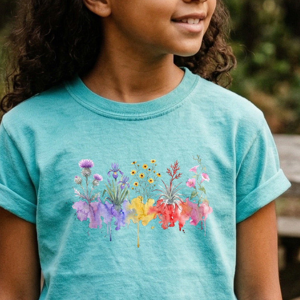 Watercolor Everglades Wildflowers Kids Cotton T-Shirt