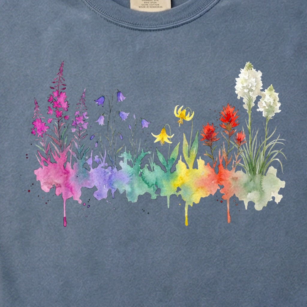 Watercolor Glacier Wildflowers Cotton T-Shirt