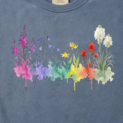 Watercolor Glacier Wildflowers Cotton T-Shirt
