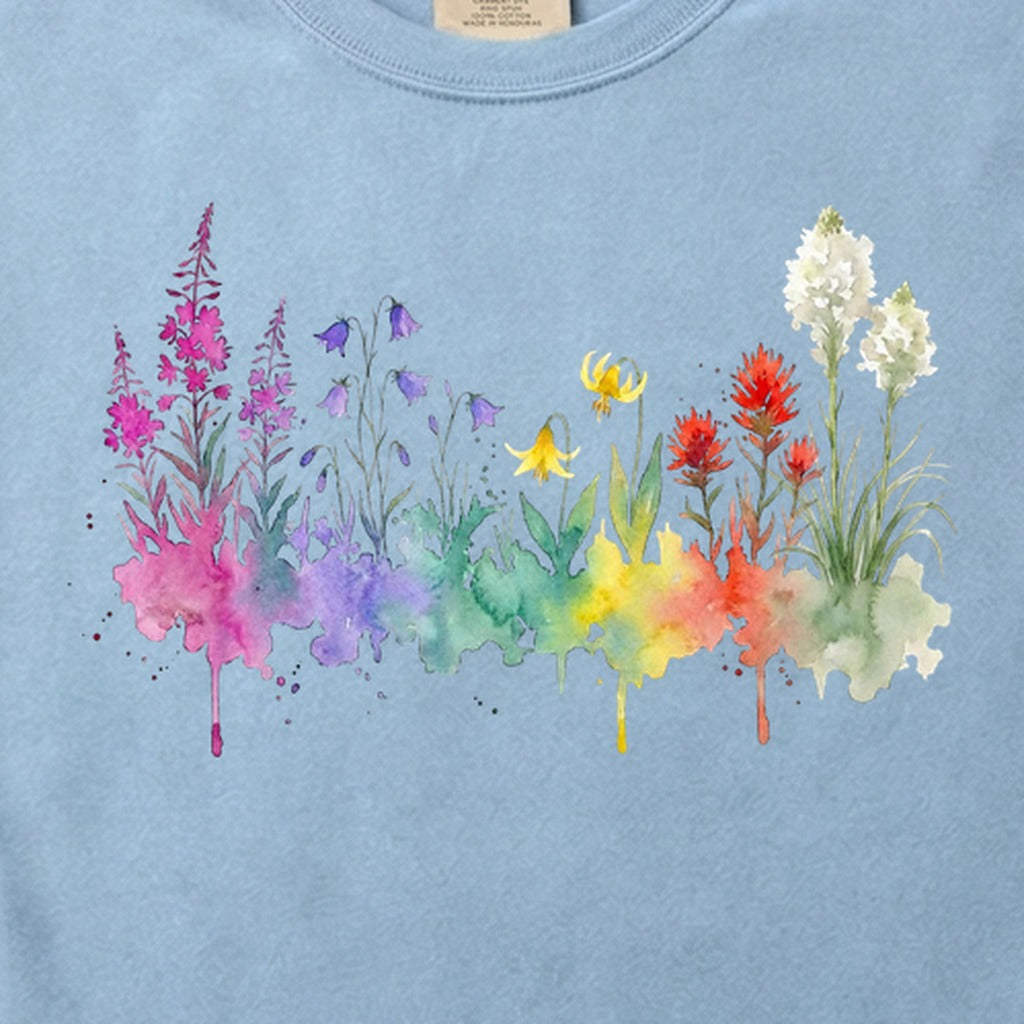 Watercolor Glacier Wildflowers Cotton T-Shirt