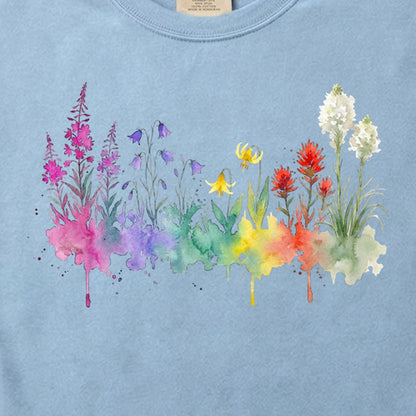 Watercolor Glacier Wildflowers Cotton T-Shirt