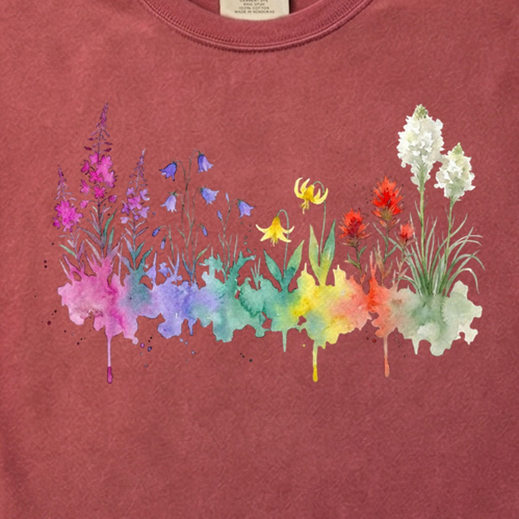 Watercolor Glacier Wildflowers Cotton T-Shirt