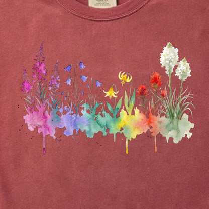 Watercolor Glacier Wildflowers Cotton T-Shirt