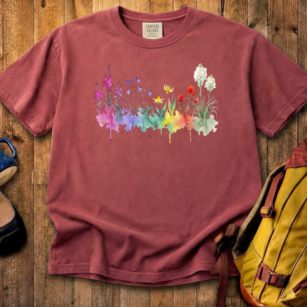 Watercolor Glacier Wildflowers Cotton T-Shirt
