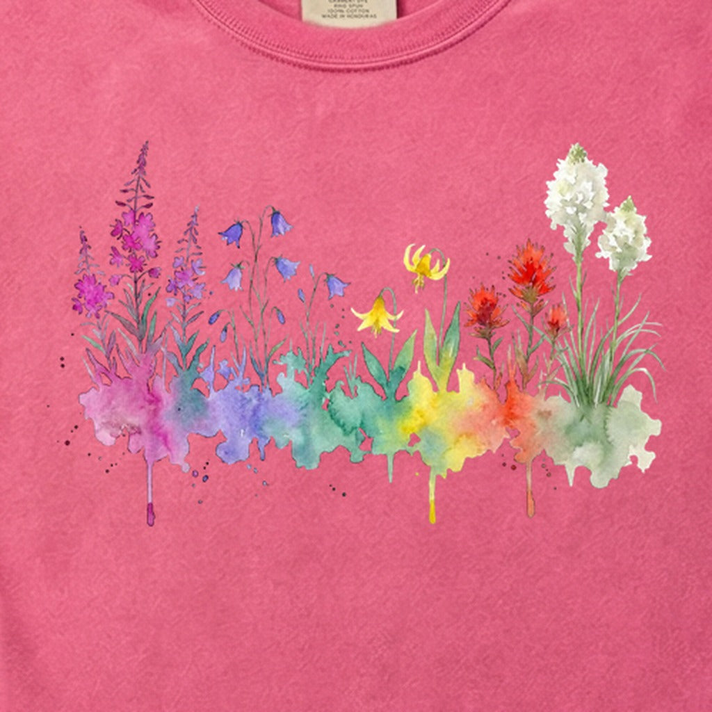 Watercolor Glacier Wildflowers Cotton T-Shirt