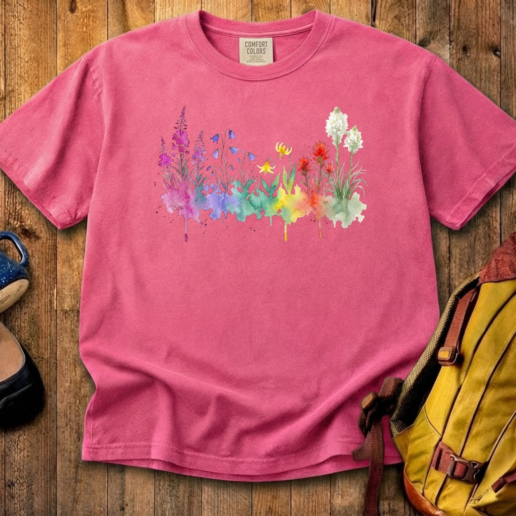 Watercolor Glacier Wildflowers Cotton T-Shirt
