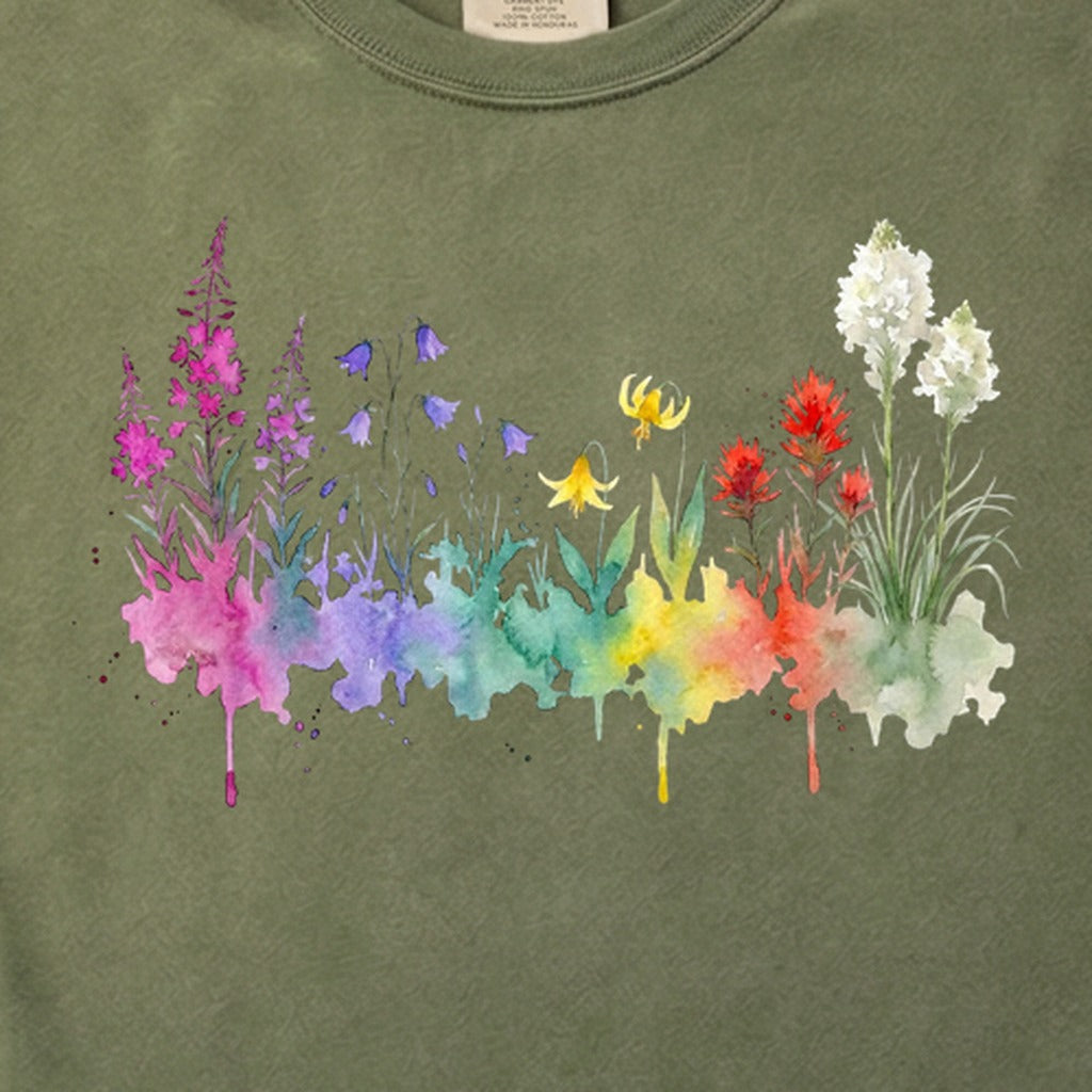 Watercolor Glacier Wildflowers Cotton T-Shirt