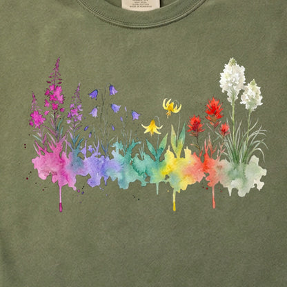 Watercolor Glacier Wildflowers Cotton T-Shirt