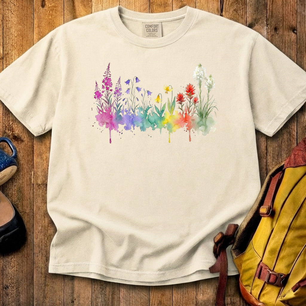 Watercolor Glacier Wildflowers Cotton T-Shirt