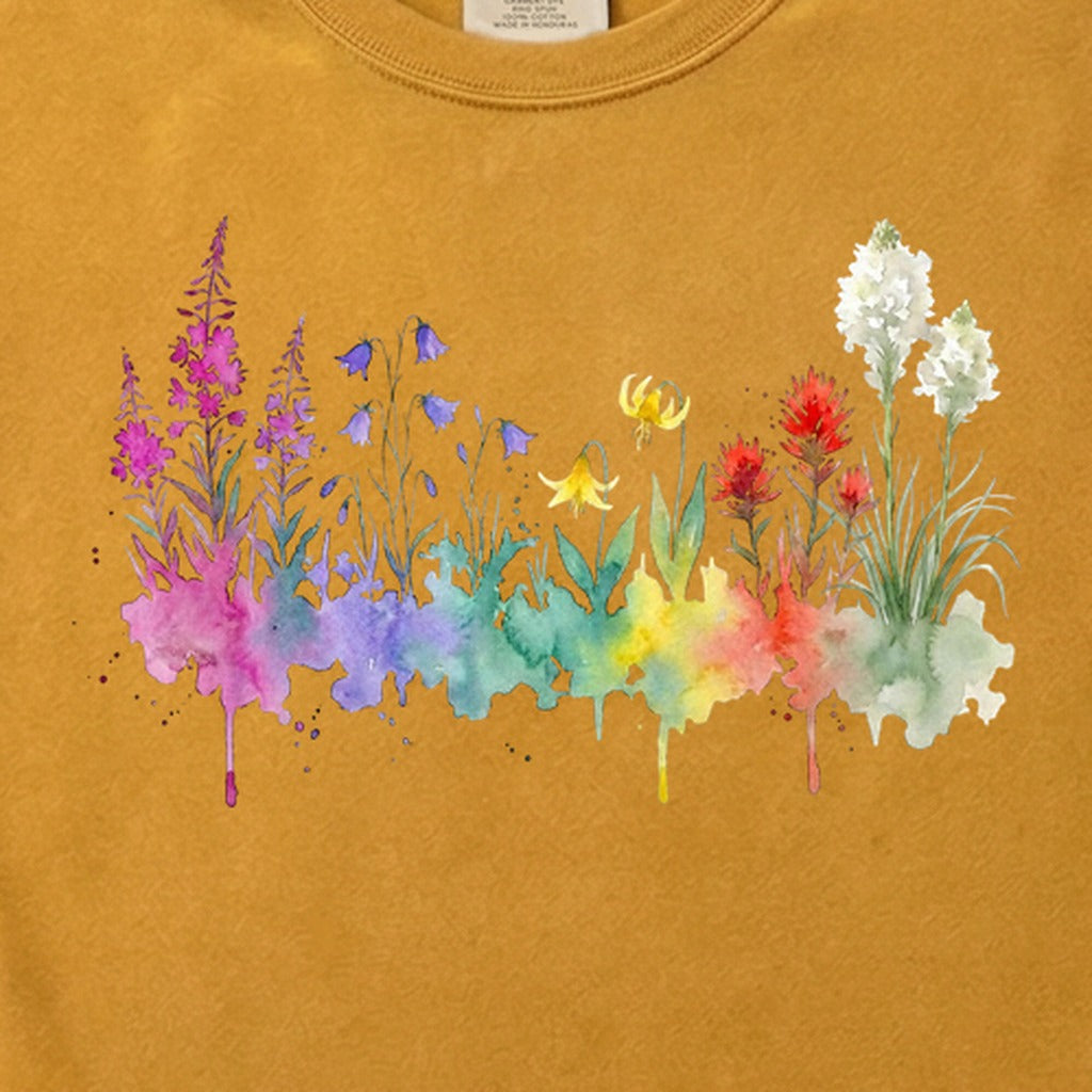 Watercolor Glacier Wildflowers Cotton T-Shirt