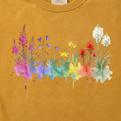 Watercolor Glacier Wildflowers Cotton T-Shirt