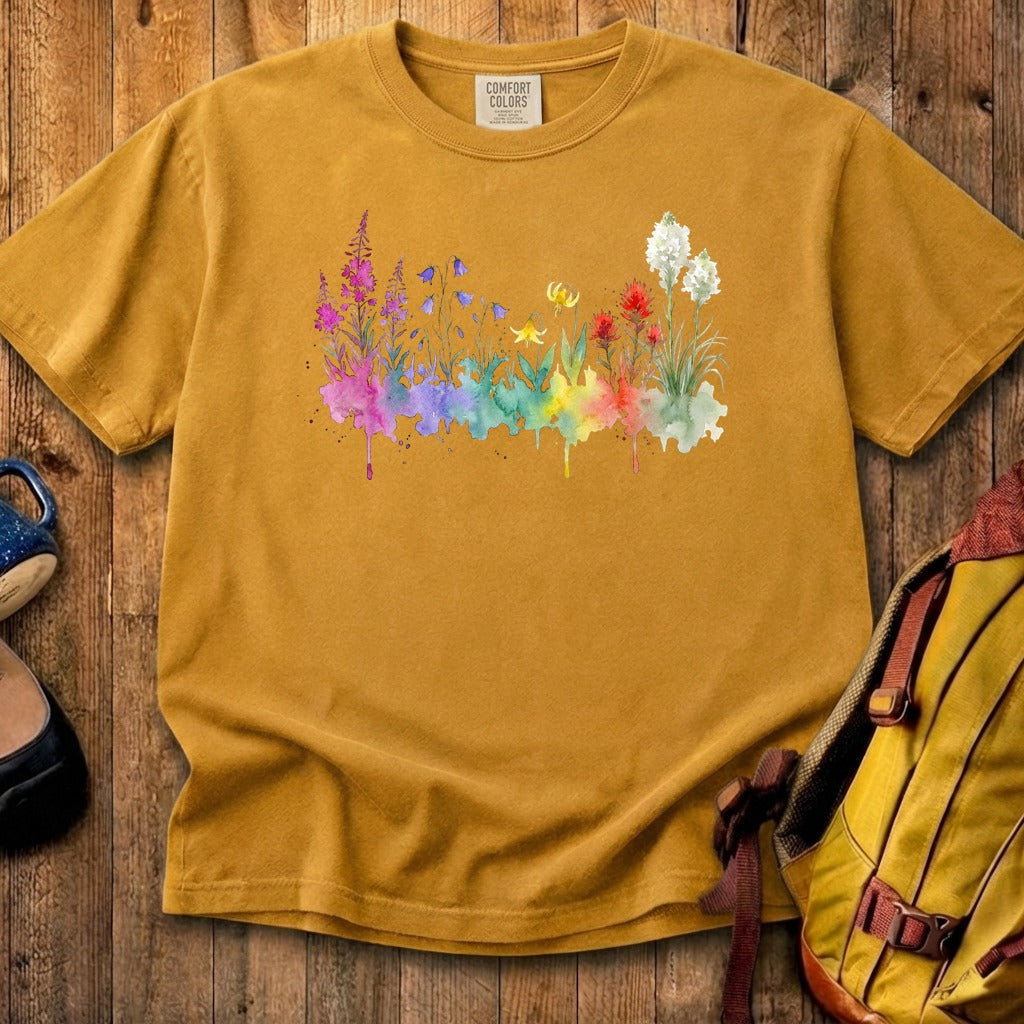 Watercolor Glacier Wildflowers Cotton T-Shirt