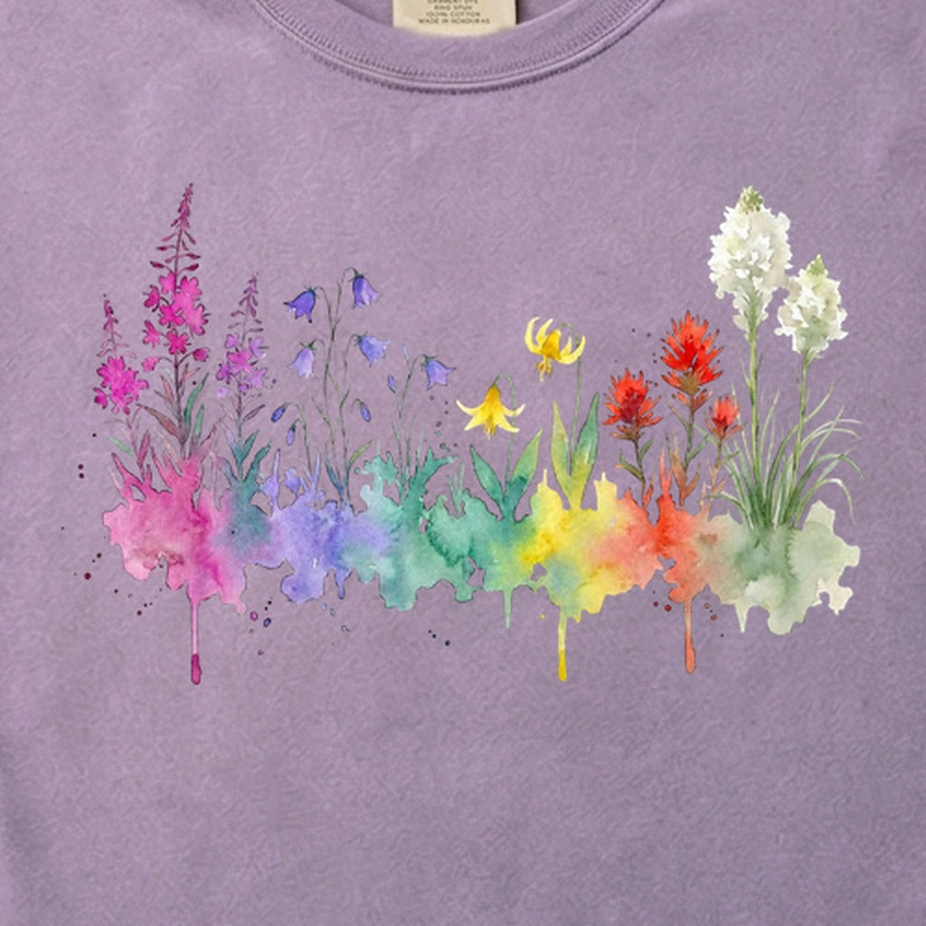 Watercolor Glacier Wildflowers Cotton T-Shirt