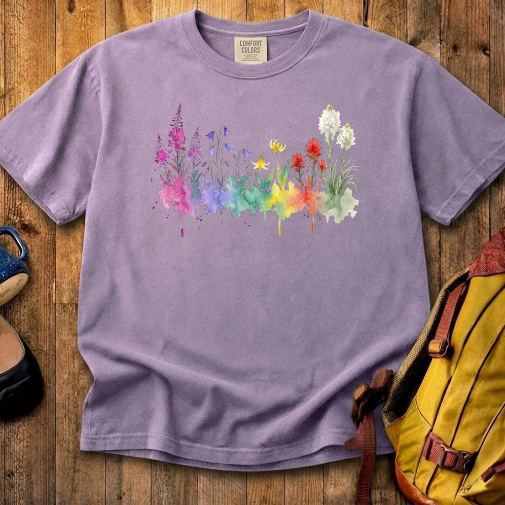 Watercolor Glacier Wildflowers Cotton T-Shirt