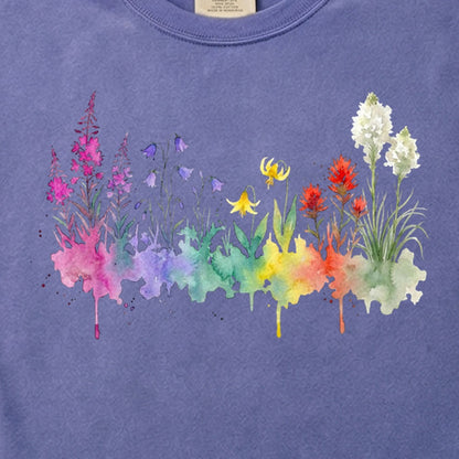 Watercolor Glacier Wildflowers Cotton T-Shirt