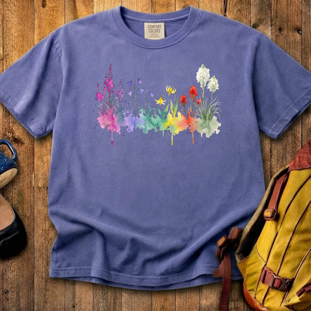 Watercolor Glacier Wildflowers Cotton T-Shirt