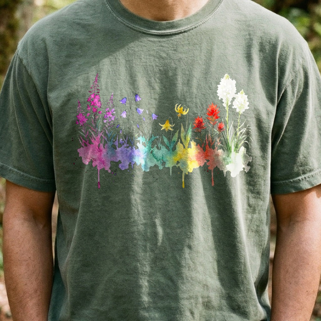 Watercolor Glacier Wildflowers Cotton T-Shirt