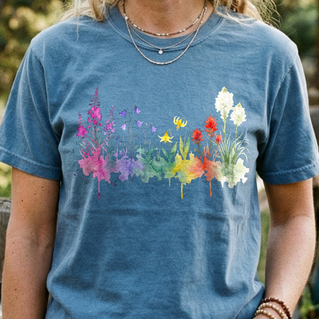 Watercolor Glacier Wildflowers Cotton T-Shirt